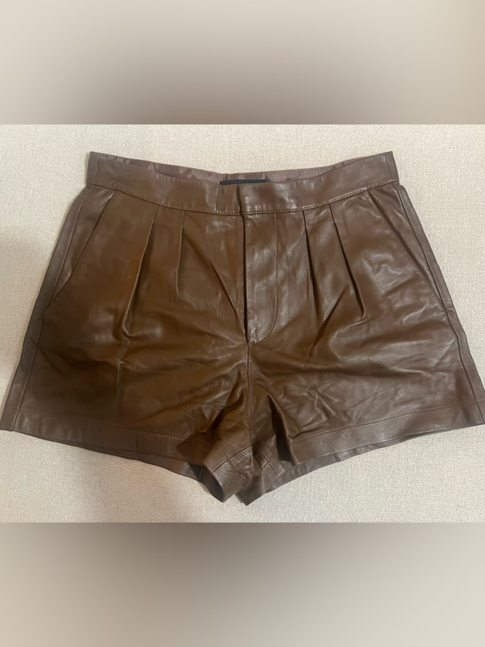 High-Rise 100% Leather Brown Women's Shorts